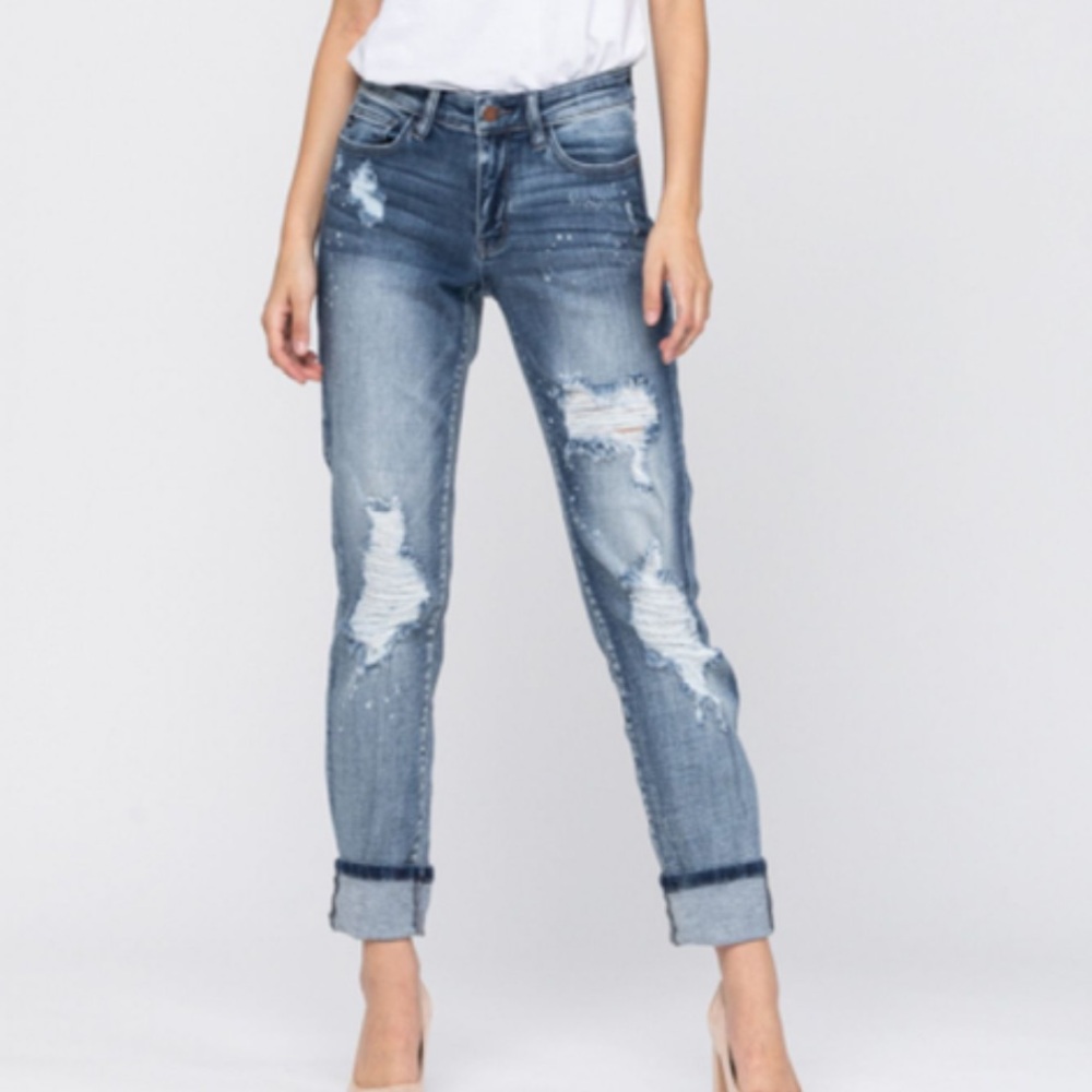 Judy Blue Mid Rise Bleach Splatter Distressed Boyfriend Jean - Size 30